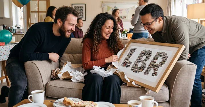 A woman with long dark curly hair unwraps a framed initials photo collage on a sofa while her two brothers lean in laughing