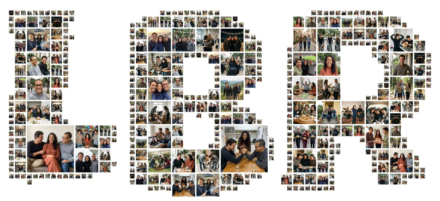 The letters LBR in rounded bold letters made of photos of three grown-up siblings, an initials photo collage in a wide format