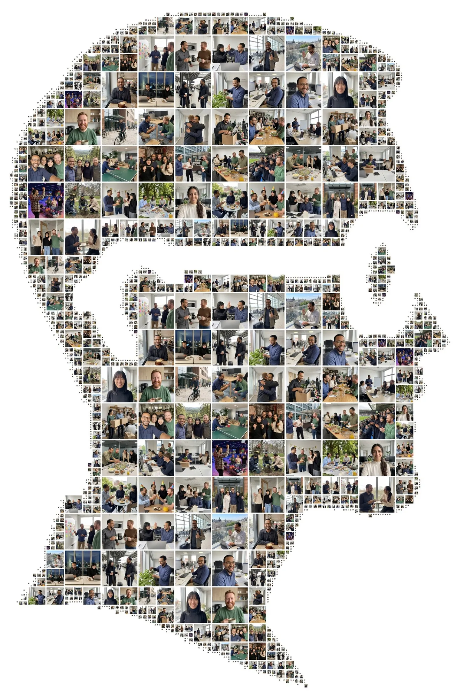 Side-profile head silhouette with round glasses, made of photos of an office team