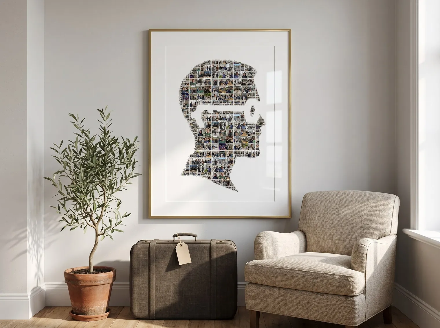 The side-profile photo mosaic in a thin brass frame with a white mat on a light grey wall of a sunny new apartment, above a suitcase and a potted olive tree