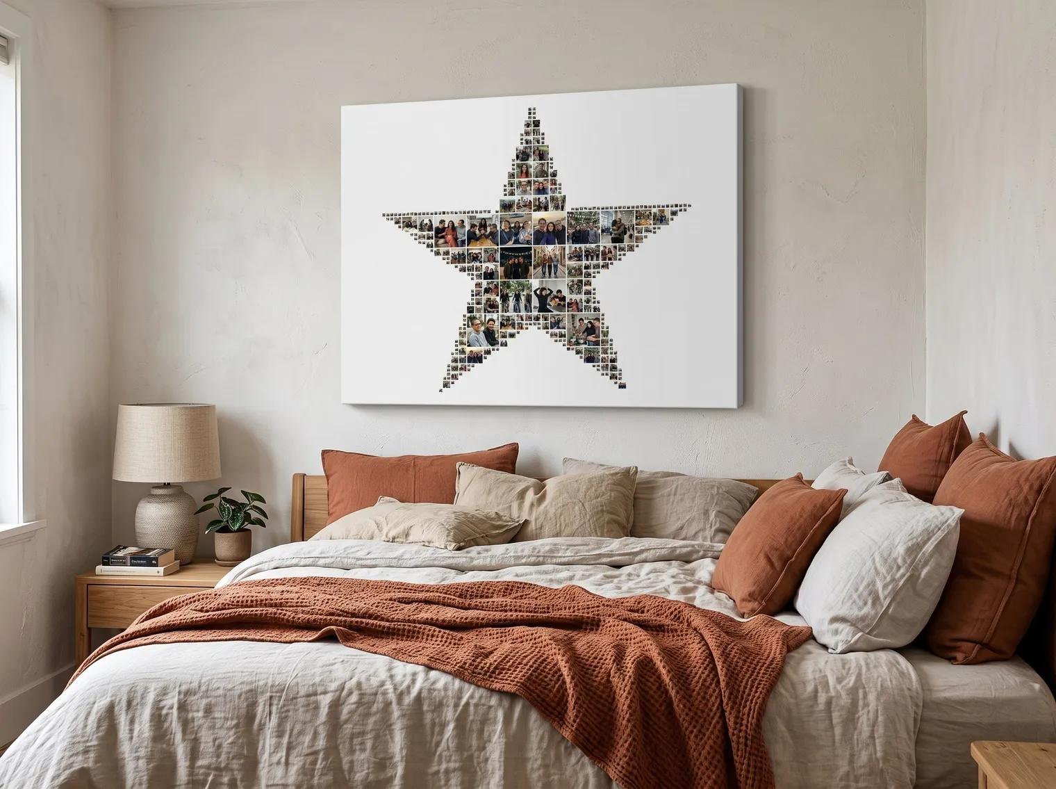 The star collage as a frameless canvas on a bedroom wall above a bed