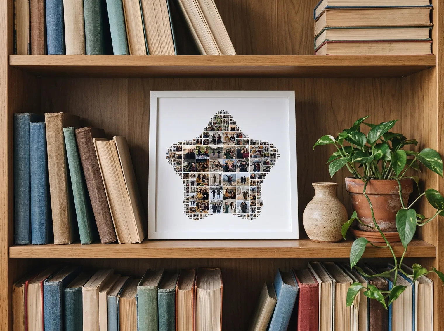 The star-shaped friendship collage in a slim white frame on a wooden bookshelf next to books, a plant and a vase