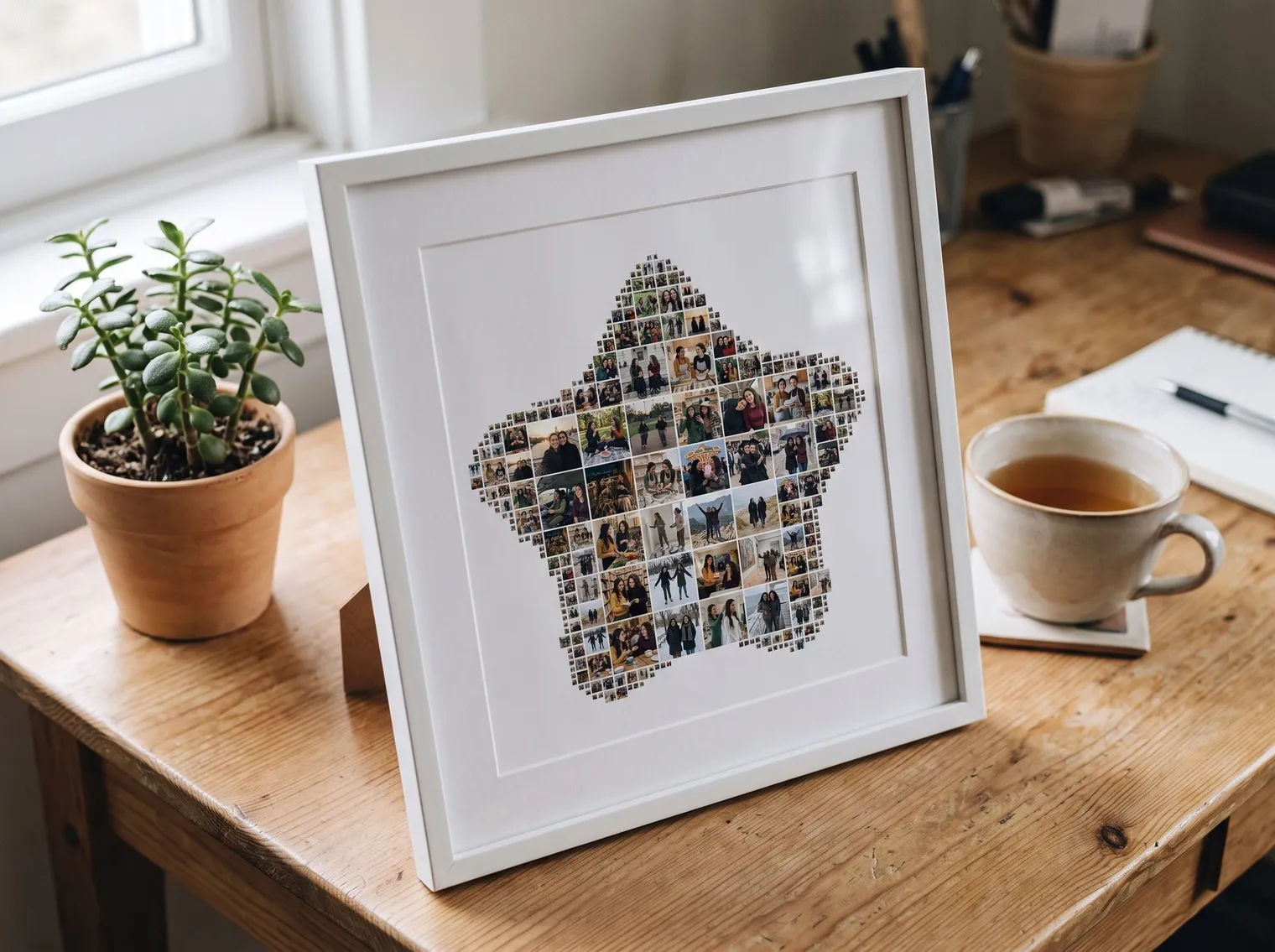 Close view of the star friendship collage in a slim white frame on a wooden desk with a cup of tea and a plant