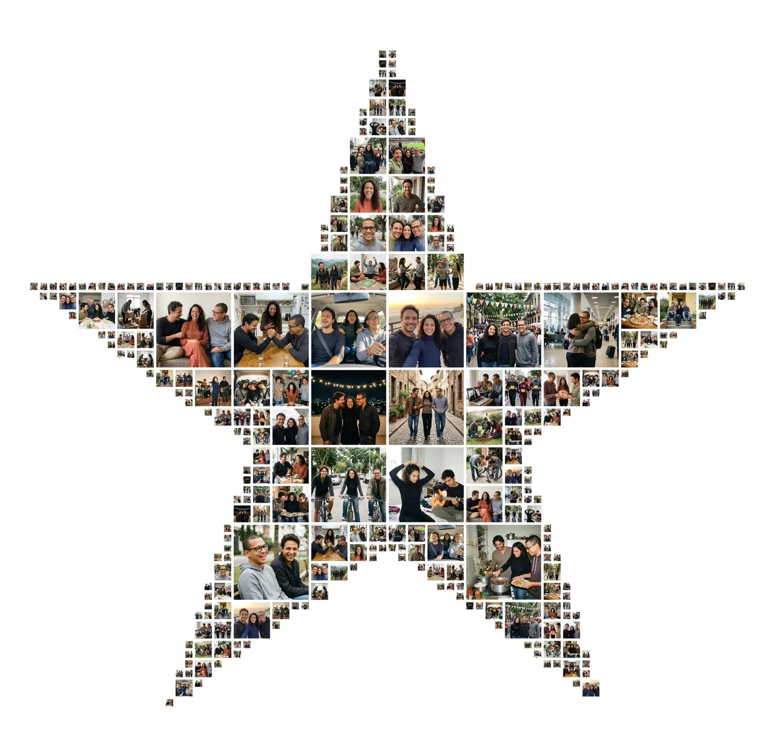 A five-point star-shaped photo collage made of photos of three grown-up siblings, a star collage gift for a sister