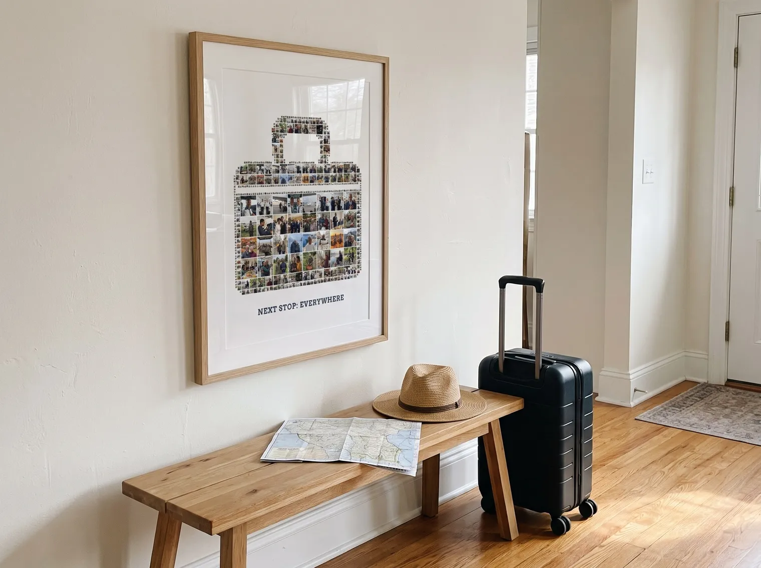 The suitcase photo collage in an oak frame above a hallway bench with a carry-on case, a folded map and a sun hat