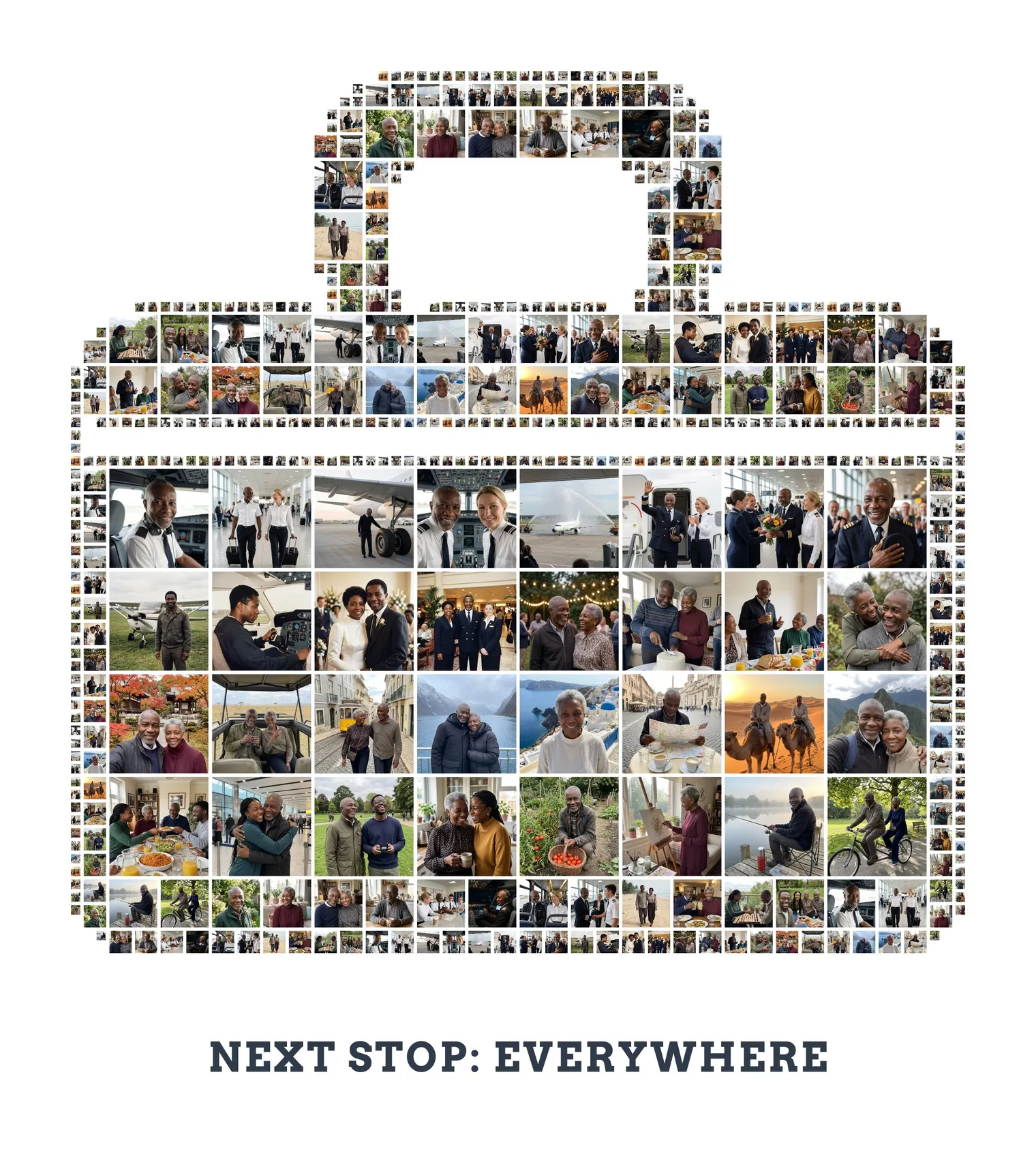 Suitcase-shaped photo collage made of about 40 photos, with the text line NEXT STOP: EVERYWHERE below it