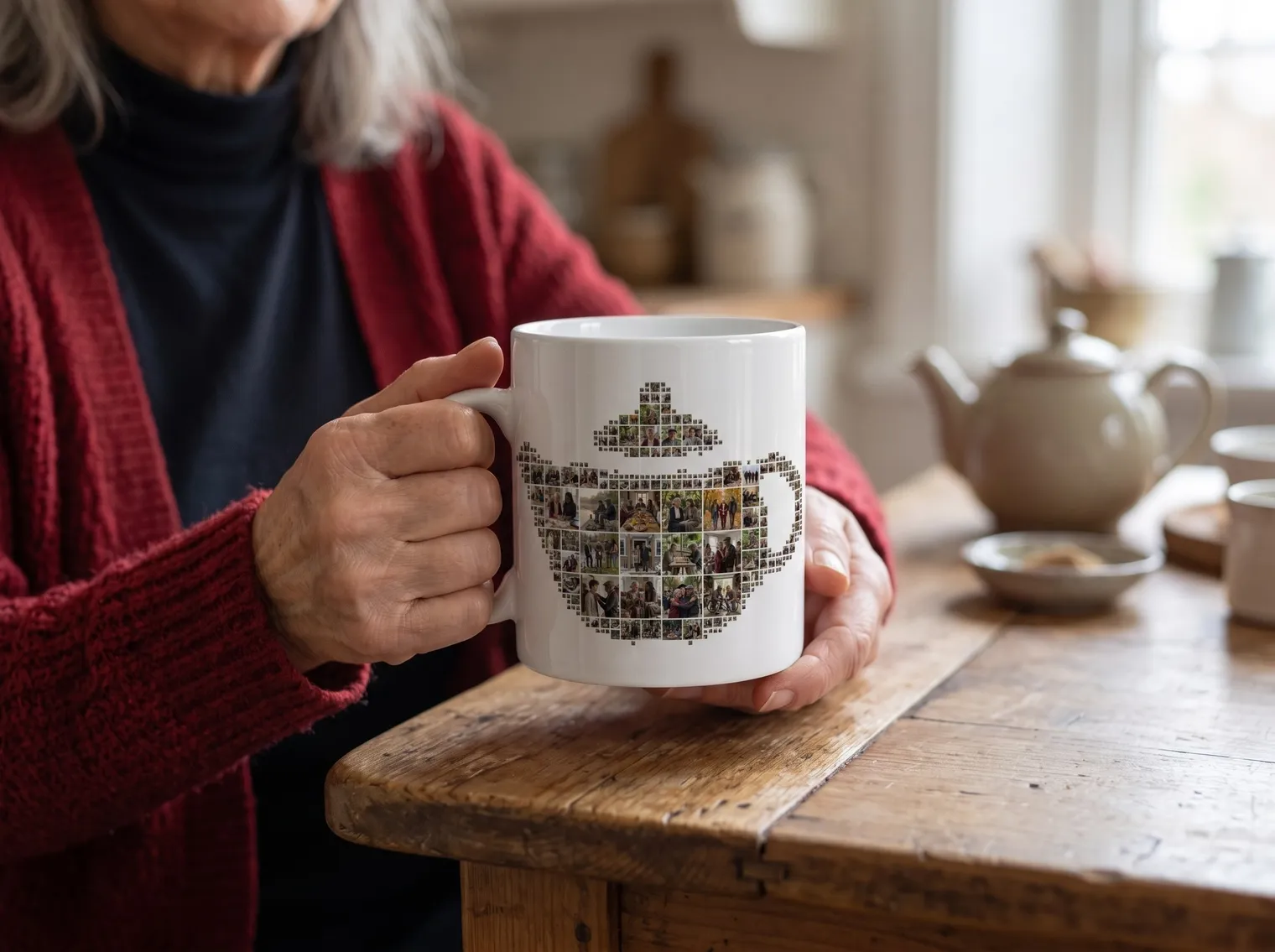 Teapot photo collage printed on a white mug held by an older woman’s hands at a kitchen table with a teapot