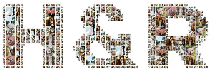 The word LOVE created as a text collage, with each letter formed by a collection of wedding photos.