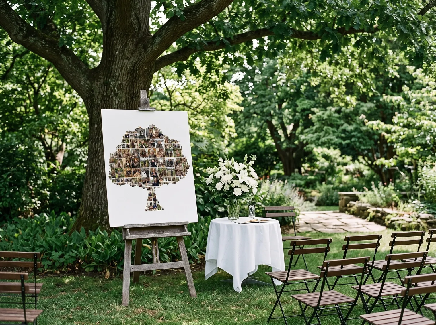 Tree-shaped memorial photo collage on a white board and easel under a large tree at an outdoor gathering with white flowers