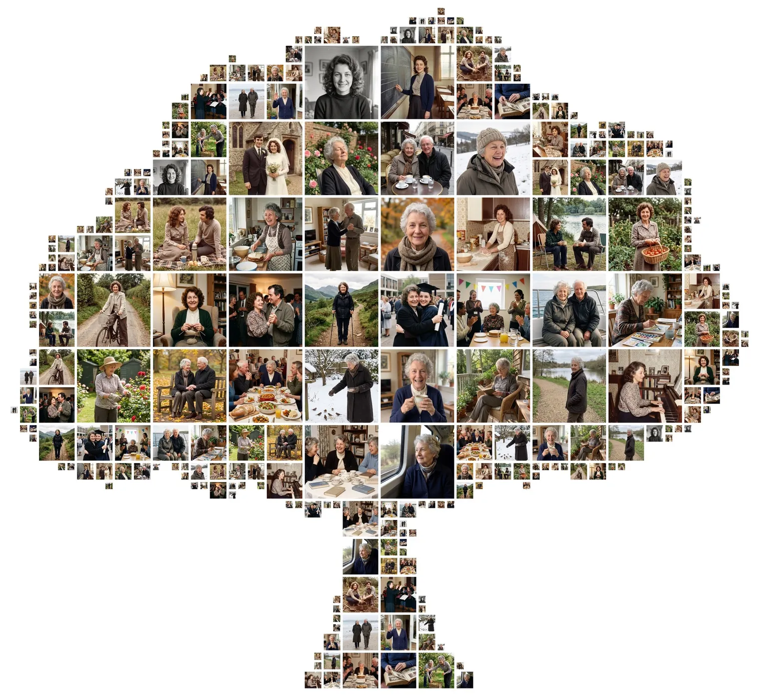 Tree-shaped memorial photo collage with a round crown and a trunk, made of about 40 photos from one woman’s life from the 1960s to her late seventies