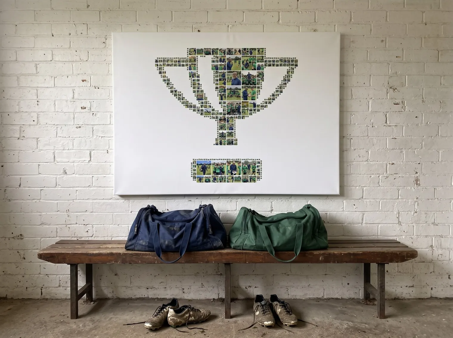 The trophy photo collage printed as a frameless canvas on a white-painted brick clubhouse wall above a wooden bench with sports bags and muddy boots