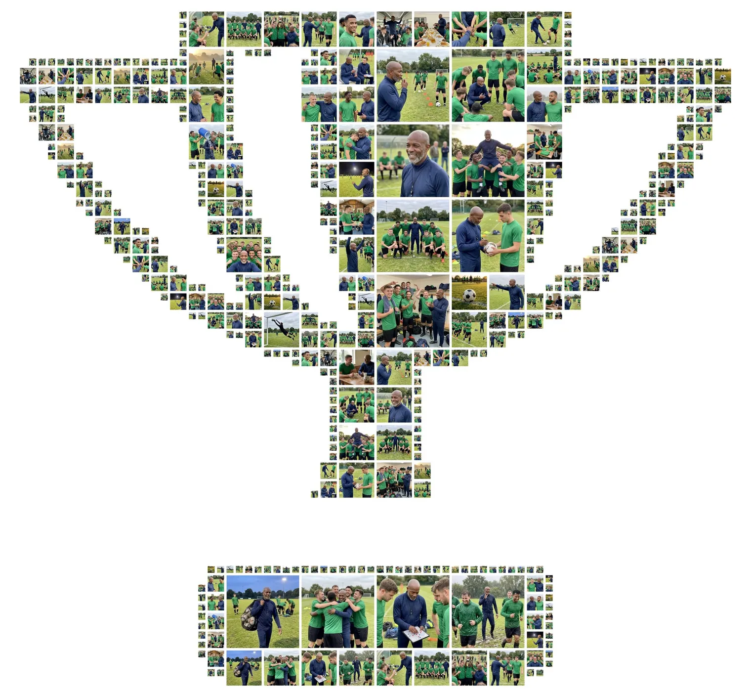 Trophy-shaped photo collage with handles and a separate base, made of photos of a football team and their coach