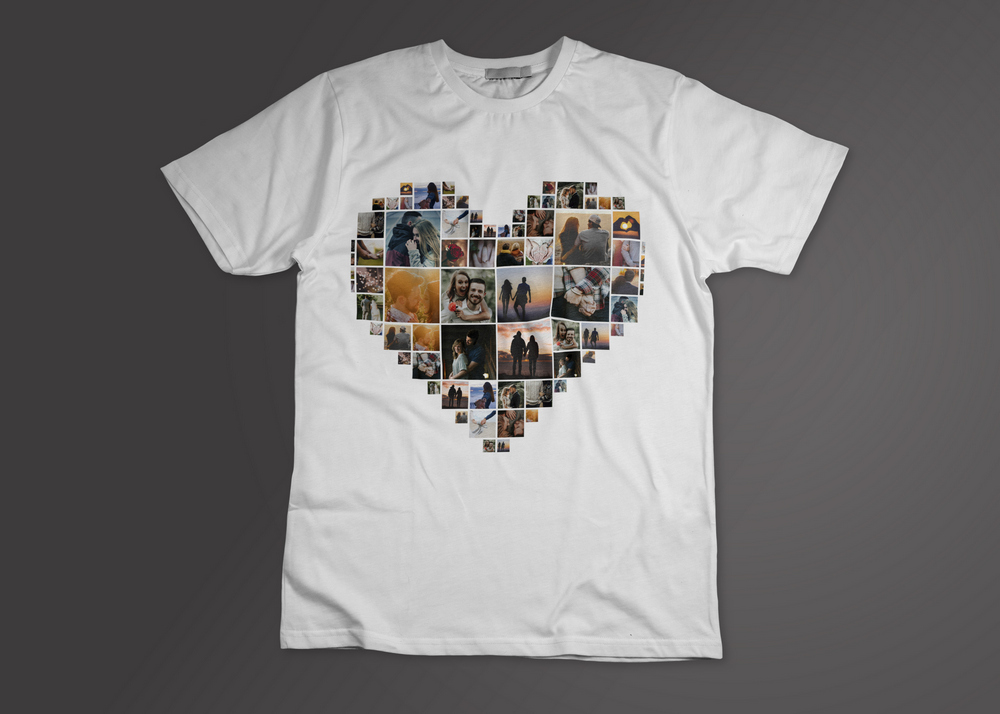 Heart-shaped photo collage printed on a white T-shirt
