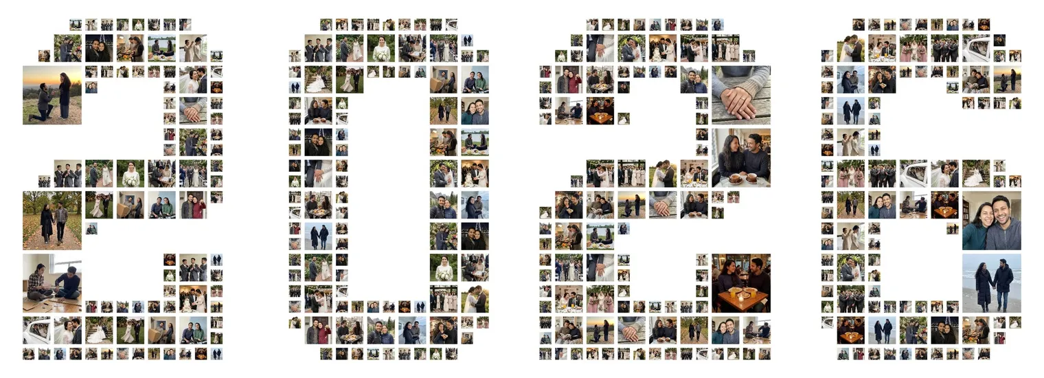 The year 2026 in bold varsity digits made of photos of a couple’s wedding and engagement