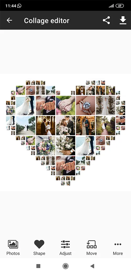 The final heart-shaped wedding photo montage created using the Phinsh Collage Maker app.