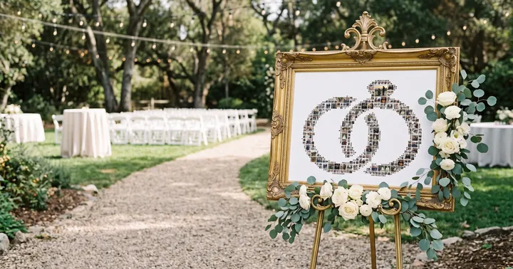 A large wedding-rings photo collage in an ornate gold frame on a gold easel at the entrance of a garden reception, surrounded by white roses and eucalyptus, with white chairs and string lights behind