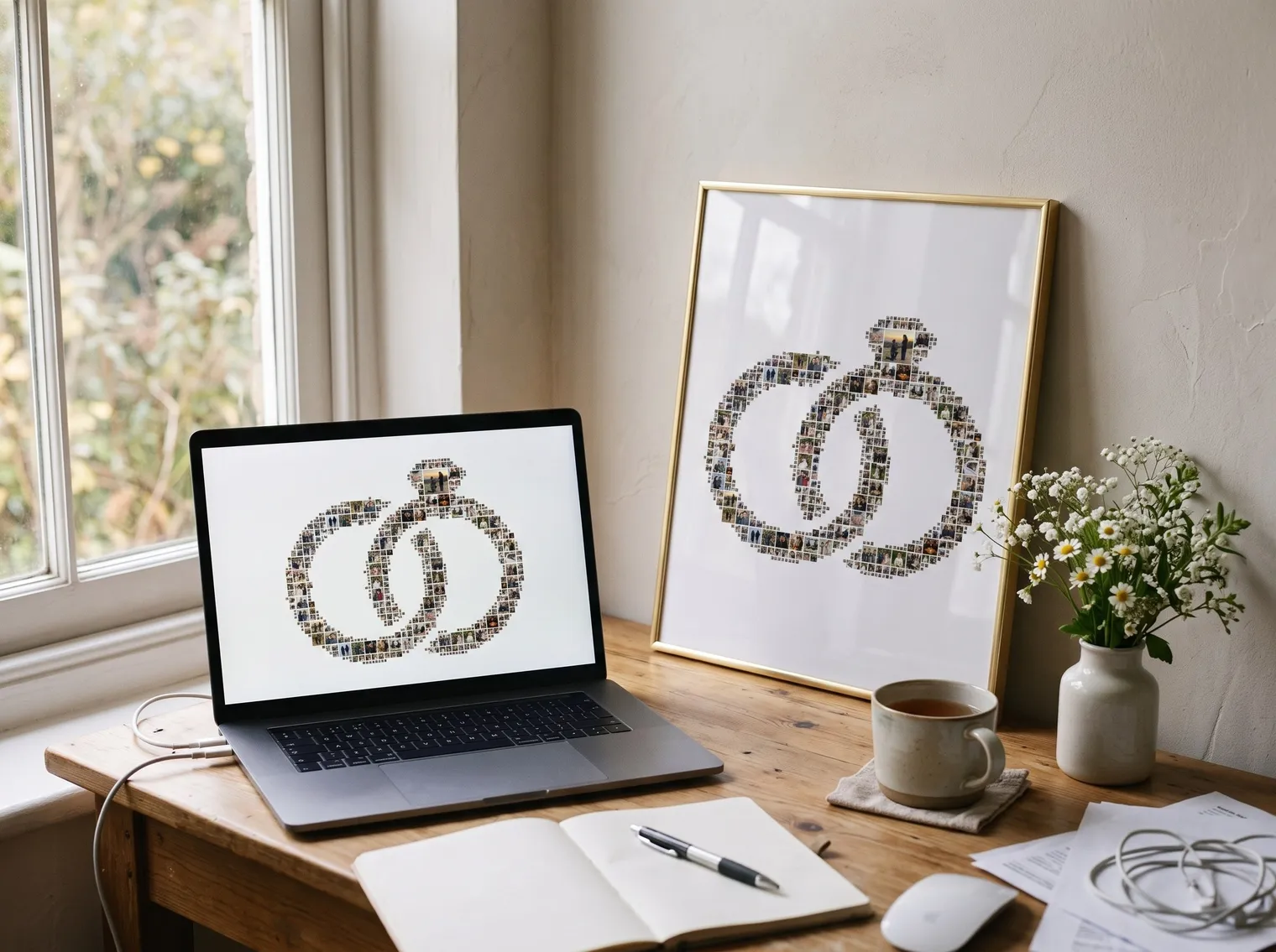 Laptop on a desk showing the wedding rings photo collage beside the same collage printed in a slim gold frame