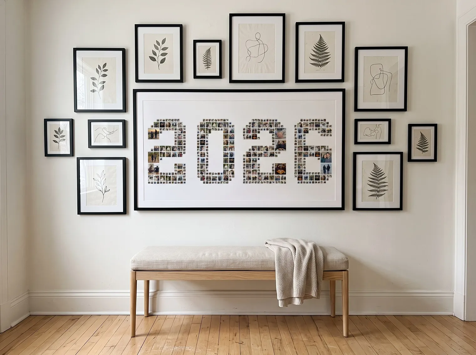 The 2026 wedding collage in a wide black frame among small botanical prints on a hallway gallery wall above a bench