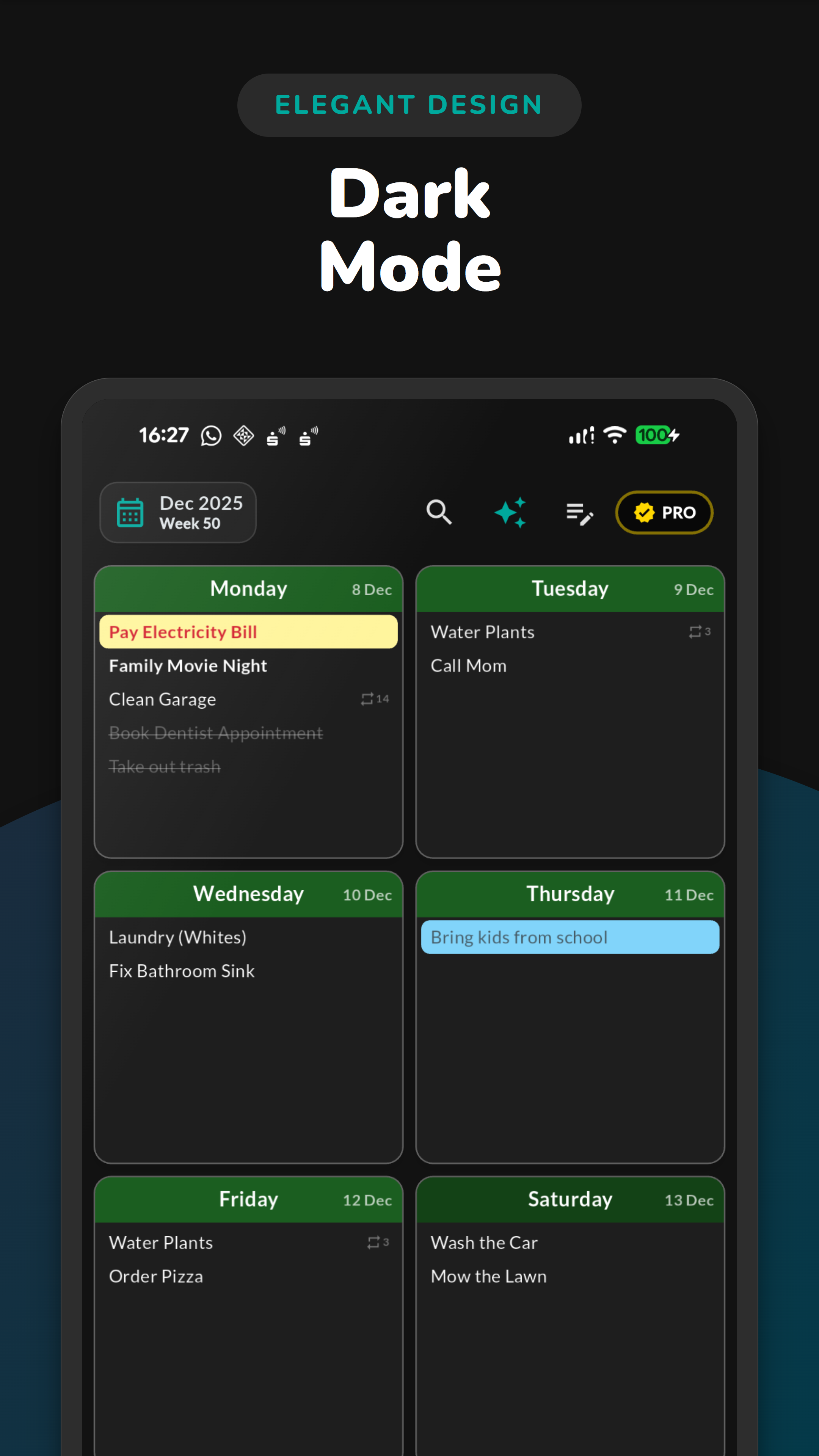 Weeklo weekly planner in elegant dark mode