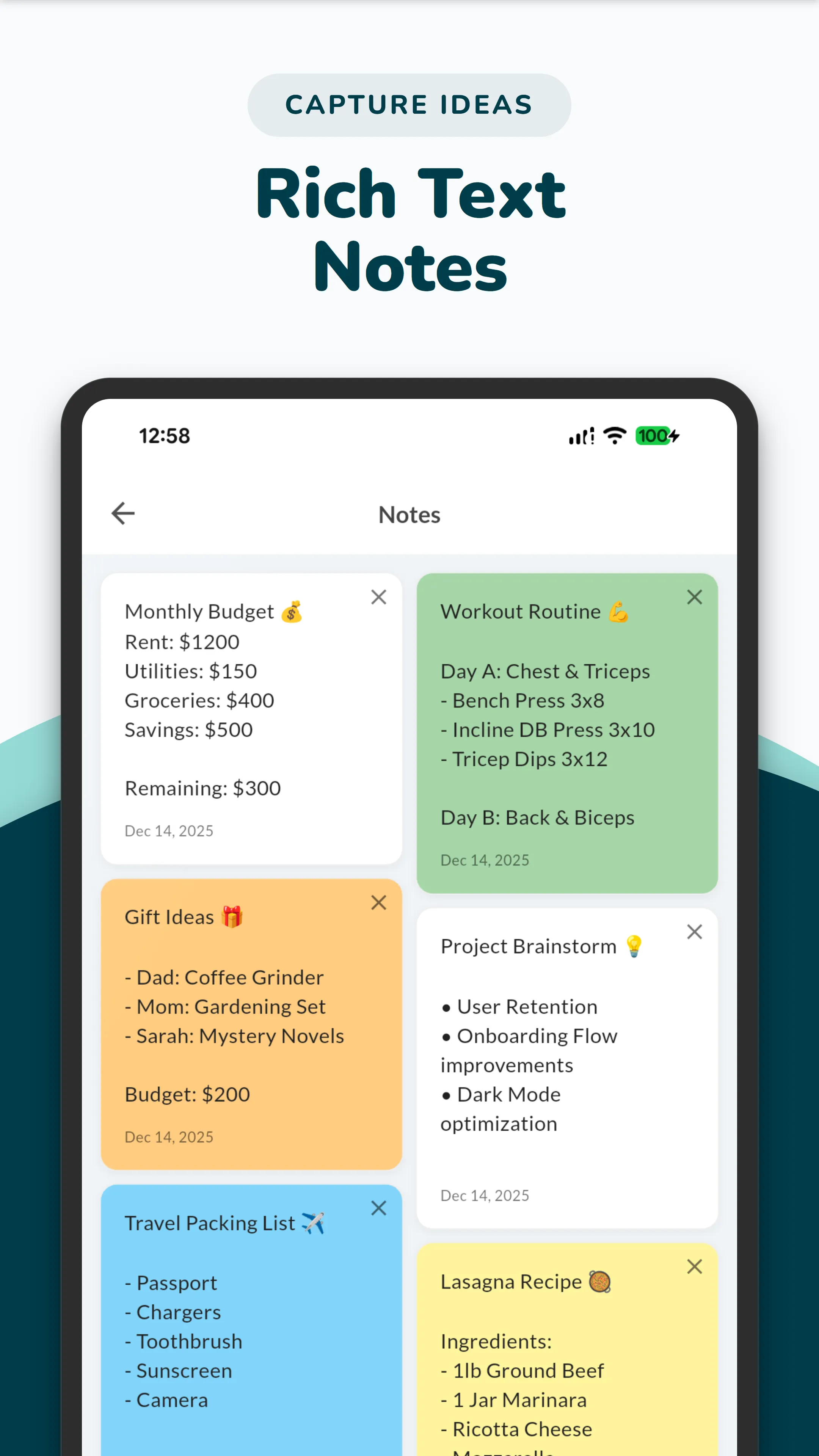 Rich text notes interface in Weeklo app