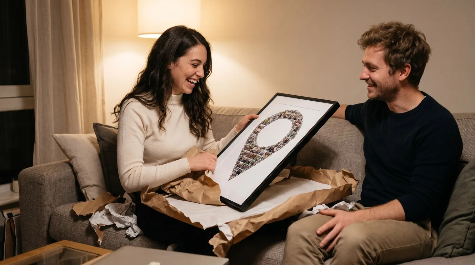 On a sofa, a young woman laughs as she unwraps the framed pin collage from tissue and kraft paper while her husband watches